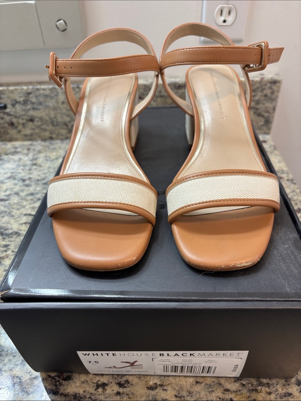 White House Black Market Tan and Ivory Ankle-Strap Heels